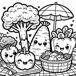 Smiling Vegetables Picnic Coloring Page