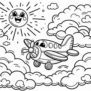 Ausmalbild: Flugzeug über Flauschigen Wolken