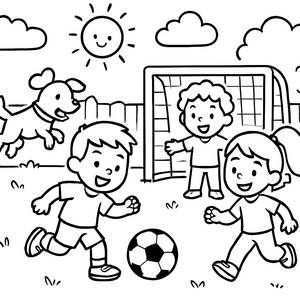 Pagina da Colorare: Amici che Giocano a Calcio con il Loro Cane