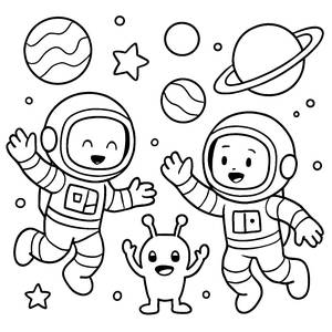 Space Adventure Coloring Page: Astronauts and a Friendly Alien!