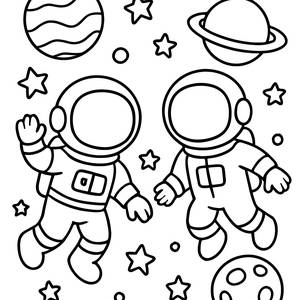 Space Adventure Coloring Page: Two Astronauts in Outer Space