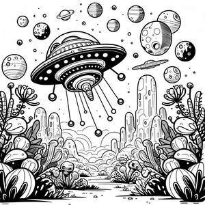 Página para Colorear de una Nave Espacial Aterrizando en un Planeta Distante