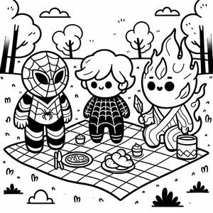Раскраска Человека-Паука и Его Друзей на Пикнике