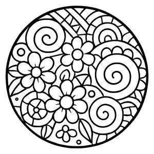 Mandala Malvorlage mit Spiralen und Blumen