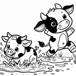 Splashing Fun Coloring Page: Friendly Cow and Playful Pig