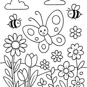 Pagina da Colorare del Giardino di Farfalle di Primavera