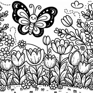 Frühlingsmalvorlage: Schmetterling über einem Garten mit Tulpen und Gänseblümchen