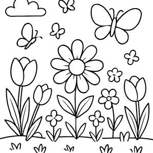 Spring Garden Coloring Page - Blooming Flowers and Butterflies