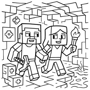 Steve and Alex's Cave Adventure Coloring Page