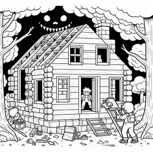 Malvorlage von Steve und Alex beim Hausbau in Minecraft