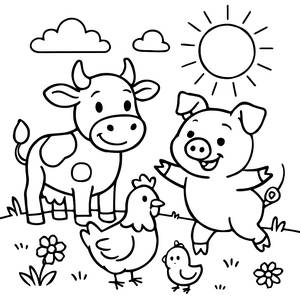 Page à Colorier des Animaux de Ferme par un Jour Ensoleillé