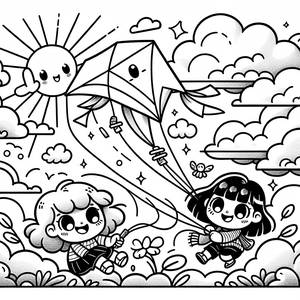 Malvorlage: Zwei Freunde Fliegen Drachen an einem Sonnigen Tag