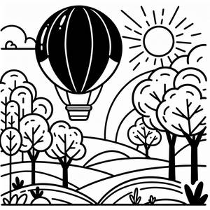 Bunte Heißluftballon Malvorlage über einer Sonnigen Landschaft