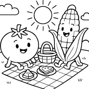 Pagina da Colorare Picnic Soleggiato: Pomodoro e Mais