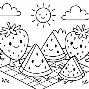 Sunny Picnic with Strawberries and Watermelons Coloring Page