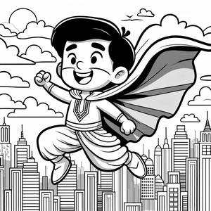 Pagina da Colorare Supereroe: Volare Sopra la Città!