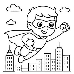 Página para Colorear de Superhéroe Volando sobre el Skyline de la Ciudad