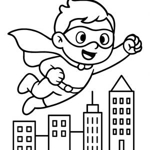 Superheld, der Über der Stadtsilhouette Fliegt Malvorlage