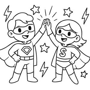 Superheroes High-Fiving Coloring Page