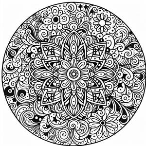 Ausmalbild Mandala mit Wirbelnden Sternen und Blumen