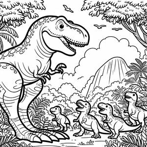 Раскраска Ти-Рекса и Детенышей Динозавров