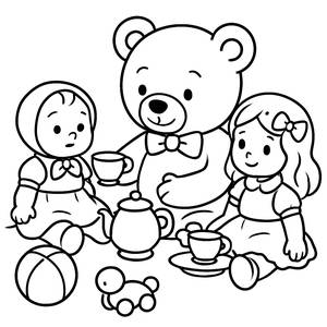 Раскраска: Мишка на Чаепитии с Куклами