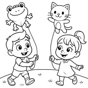 Página para Colorear de TomTom y YoYo con Cometas de Animales