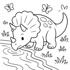 Pagina da Colorare del Triceratopo: Un Dinosaurio al Fiume