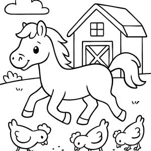 Página para Colorir de Cavalo Trotando e Galinhas Picando