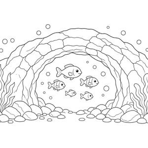 Ausmalbild Fische in einer Höhle unter Wasser