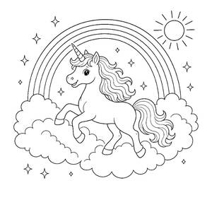 Unicorn Prancing on Fluffy Clouds Under a Rainbow Coloring Page