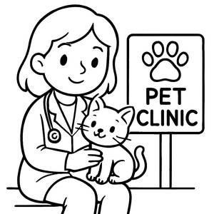 Pagina da Colorare: Veterinario con Gattino Carino