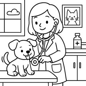 Veterinarian Coloring Page: Fun with a Playful Puppy!