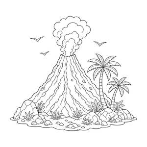 Volcano with Palm Trees Coloring Page