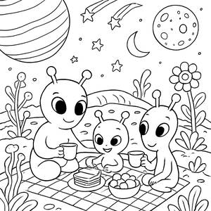 Ausmalbild von einem Picknick einer Alien-Familie