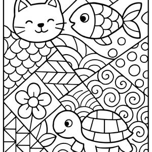 Whimsical Animals and Geometric Shapes Zentangle Coloring Page