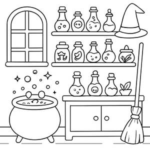 Pagina da Colorare del Negozio di Pozioni Fantasiose