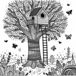 Page à Colorier de Maison dans un Arbre Enchantée