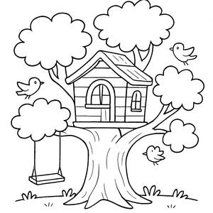 Page à Colorier de Maison dans un Arbre Fantastique