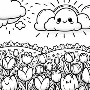 Pagina da Colorare di un Campo di Tulipani Fantasioso