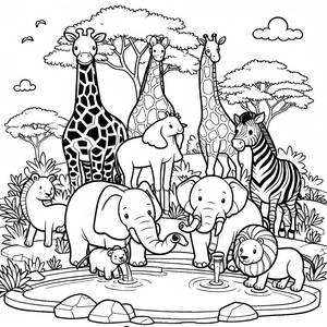 Раскраска Диких Животных у Водопоя