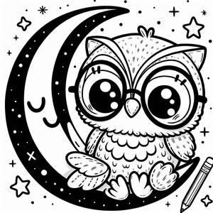 Pagina da Colorare: Un Gufo Saggio con Occhiali sulla Luna