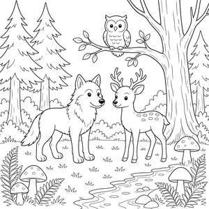 Wolf, Deer and Owl in a Forest Clearing Coloring Page