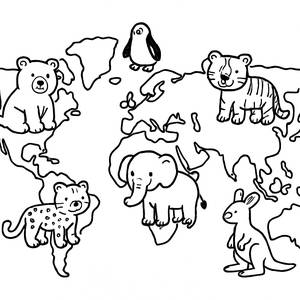 World Map Coloring Page with Cartoon Animals