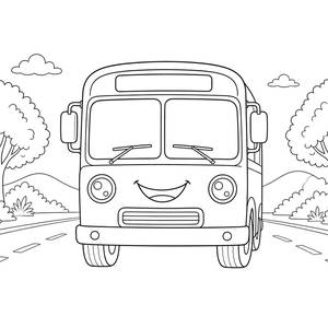 Smiling School Bus Front View Coloring Page