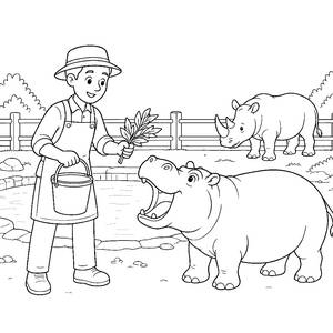 Coloriage soigneur qui nourrit un hippopotame au zoo